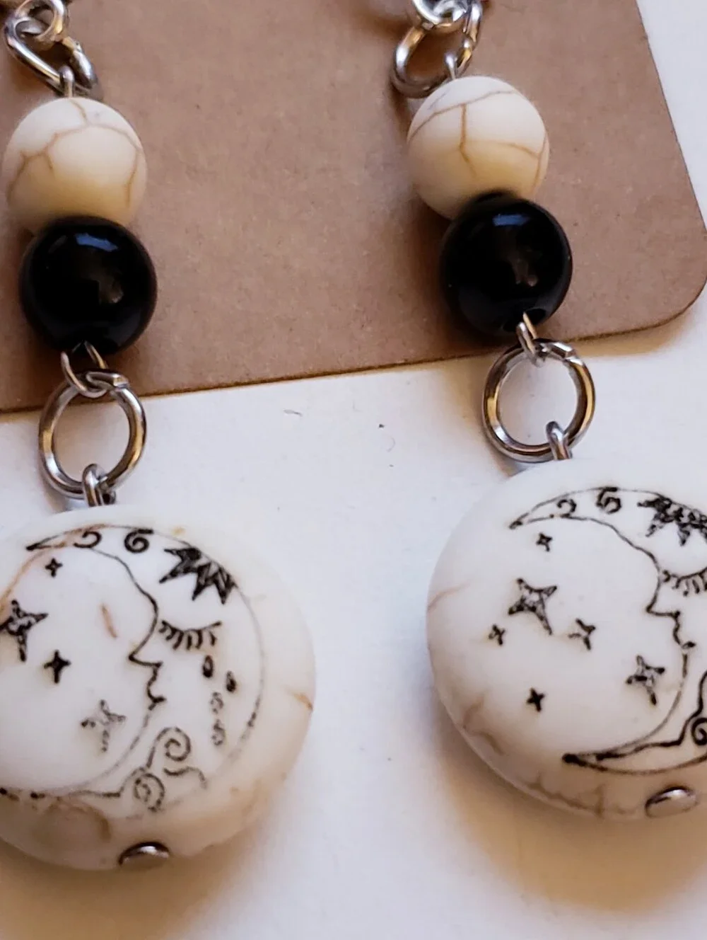 Handmade Beaded White Stone Boho Celestial Moon Star Earrings